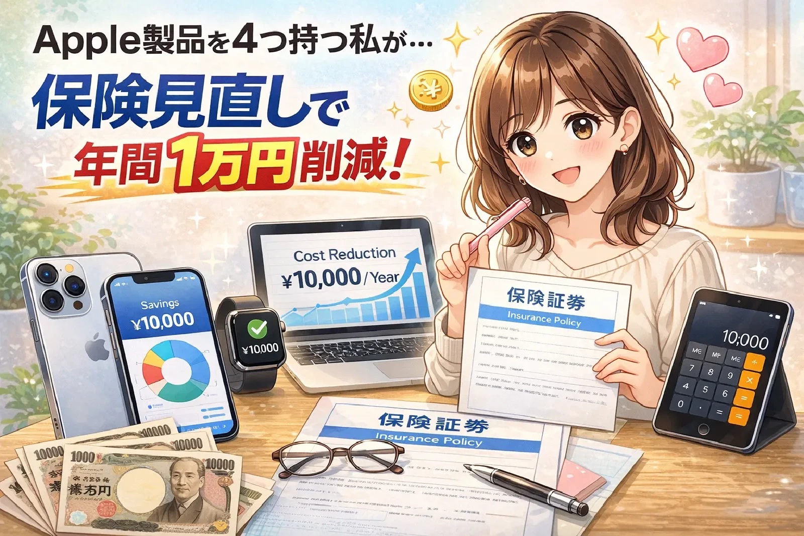 複数のApple端末と保険証券のイメージ