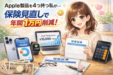 複数のApple端末と保険証券のイメージ